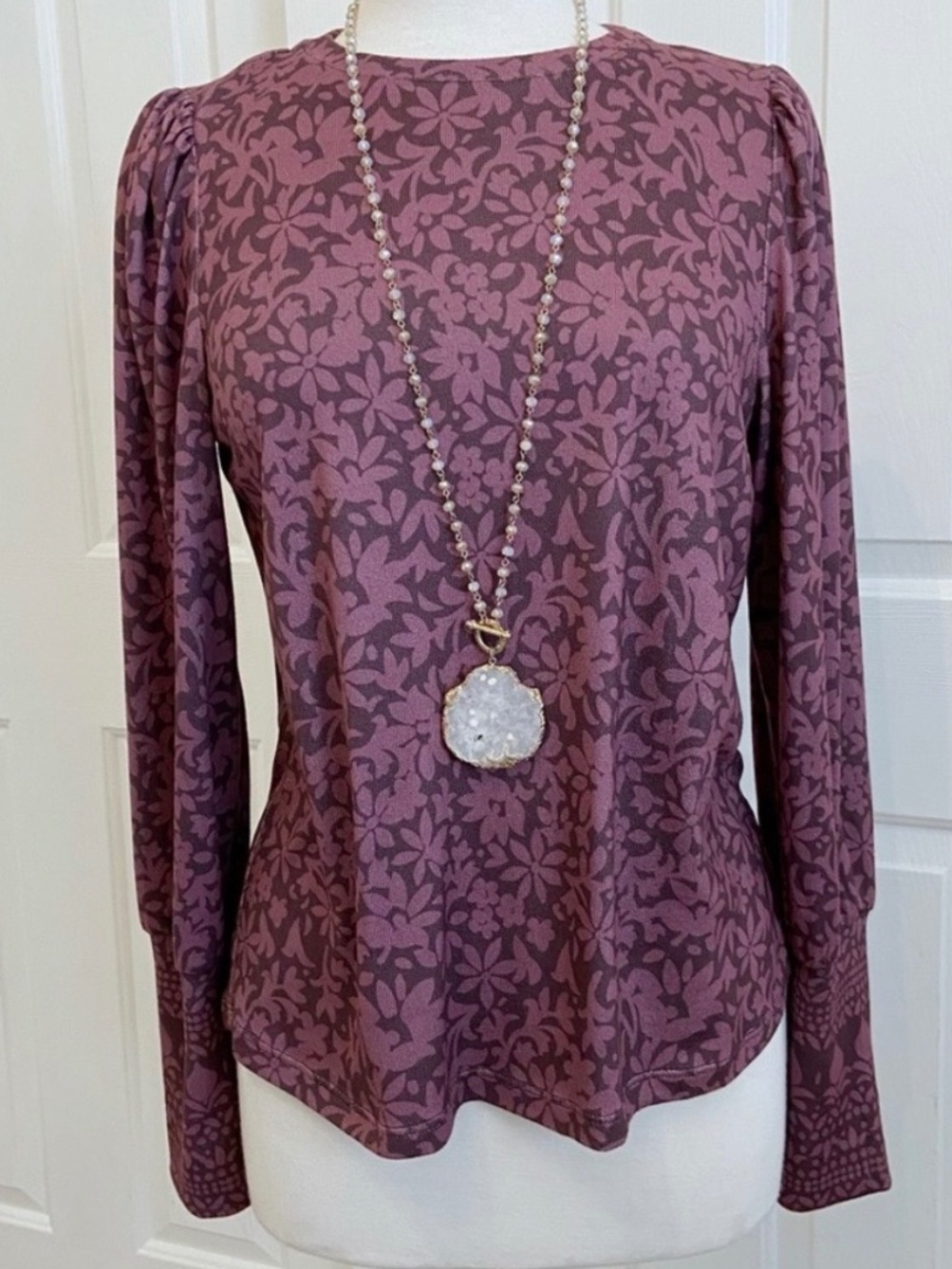 Mauve Purple Floral Long Sleeve Pullover Blouse